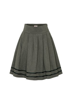 Green pleated skirt made of textured fabric, featuring a wide waistband and two horizontal black stripes near the hem.
