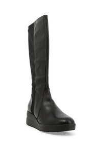 Stivale nero al ginocchio con parte frontale in pelle liscia, pannelli laterali elasticizzati, punta tonda e tacco a zeppa basso per un maggiore comfort.