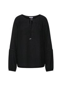 Zwarte langmouw blouse met een ronde halslijn, trekkoord detail en geplooide mouwen. Gemaakt van lichte stof met een comfortabele pasvorm.