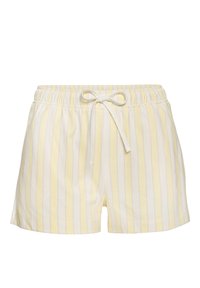 Gestreepte shorts met een geel en wit patroon, elastische tailleband en een strik aan de voorkant. Gemaakt van lichtgewicht stof, geschikt voor casual draag. 