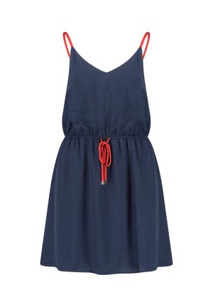 Robe bleu marine sans manches avec bretelles spaghetti rouges et cordon rouge à la taille élastique, longueur genou et design simple.