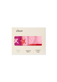 Set di tre paia di culotte in cotone per donna, nei colori rosa, rosso e viola, presentati in un packaging color crema di Etam.