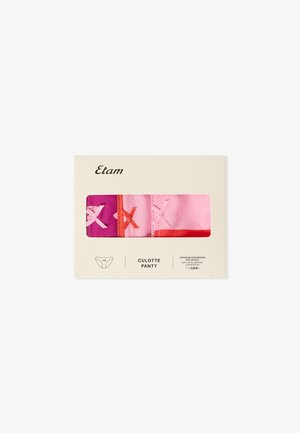 Three-pack of women's cotton culotte panties in pink, red, and purple, displayed in cream-colored Etam packaging.