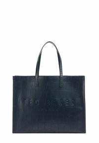Borsa tote in pelle nera con stampa effetto coccodrillo, logo "TED BAKER LONDON" in rilievo, due manici, forma rettangolare e texture liscia.