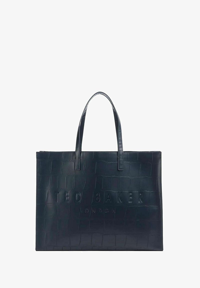 Borsa tote in pelle nera con stampa effetto coccodrillo, logo "TED BAKER LONDON" in rilievo, due manici, forma rettangolare e texture liscia.
