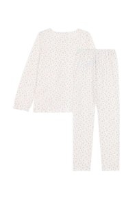 Langärmliges Pyjama-Set aus weißer Baumwolle mit mehrfarbigen Sprenkeln. Enthält passende Hose mit elastischem Bund und gerafften Bündchen.