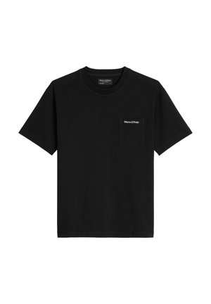 Zwart T-shirt met korte mouwen en ronde hals met een borstzakje met het witte "Marc O'Polo" logo op het zakje.