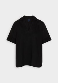 Blouse noire à manches courtes avec un décolleté en V, en tissu lisse. Coupe décontractée avec un ourlet légèrement courbé. Aucun motif ni embellissement visible.