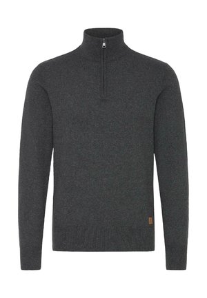 Dunkelgrauer Langarm-Pullover mit einem Viertelreißverschluss, hohem Kragen und geripptem Saum, aus gestricktem Stoff.