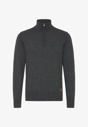 Sötétszürke, hosszú ujjú pulóver, negyed cipzárral és bordás aljjal, kötött anyagból készült.