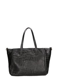 Borsa a tote nera in pelle con effetto coccodrillo, dotata di due manici robusti, forma rettangolare, superficie liscia e dettagli in metallo dorato.