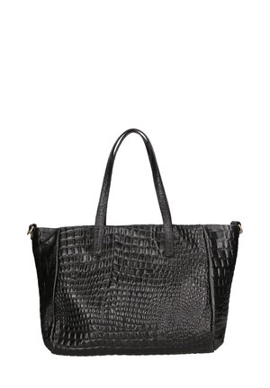 Borsa a tote nera in pelle con effetto coccodrillo, dotata di due manici robusti, forma rettangolare, superficie liscia e dettagli in metallo dorato.