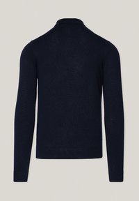 Granatowy sweter z długimi rękawami, kołnierzykiem i strukturalną dzianiną. Posiada dopasowany ściągacz u dołu i na mankietach.