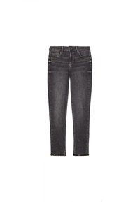 Vaqueros skinny de mezclilla negra con una cintura de altura media, cinco bolsillos y un dobladillo deshilachado. La tela tiene una textura suave con un ligero desgaste.