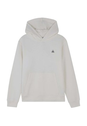 Sudadera de color crema con un bolsillo frontal, capucha con cordón y un pequeño logo bordado en el pecho. Textura de tela suave.