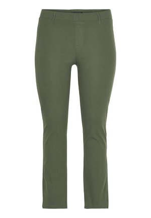 Pantaloni verde oliva slim fit con tasche frontali e passanti per cintura, caratterizzati da una cintura piatta e un design liscio e senza decorazioni.