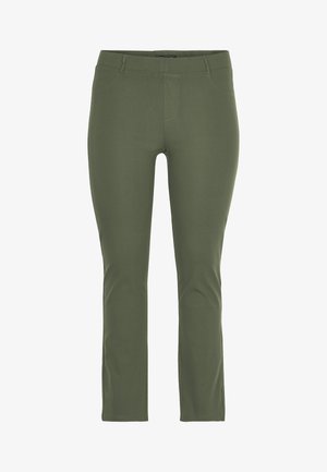 Pantalon slim vert olive avec poches avant et passants pour ceinture, doté d'une ceinture plate et d'un design lisse et épuré.