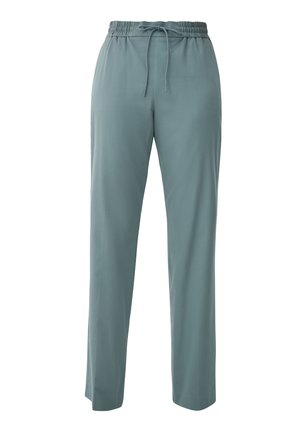Pantalons élastiques bleu clair à taille élastique avec cordon de serrage, dotés d'une coupe droite et d'une texture de tissu lisse. Pas de motifs ni d'accents visibles.