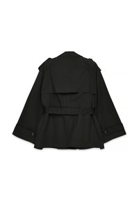 Black short trench coat with belt, buttoned cuffs, and back yoke, laid flat showing back side.