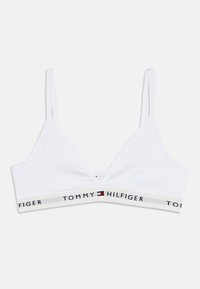 Λευκό βαμβακερό μπραλέτ με τριγωνικά cups, λεπτές τιράντες και ελαστική ζώνη με λογότυπο που διαθέτει κόκκινες και μπλε λεπτομέρειες.