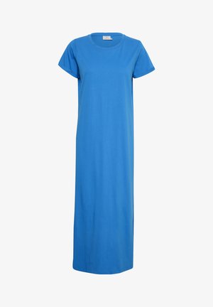 Abito lungo in cotone blu con scollatura tonda e maniche corte. Il capo ha una linea dritta, offrendo un indumento comodo e largo.