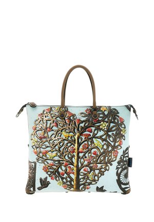 Borsa con manici marroni con un design a forma di albero a cuore con uccelli, fiori e rami su uno sfondo azzurro chiaro.