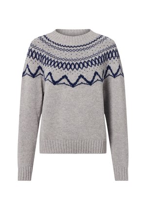 Pull en tricot gris avec un col rond et des manches longues. Motifs décoratifs bleu marine au niveau de l'empiècement et des poignets et ourlet côtelés.