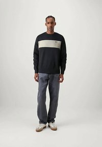 Μαύρο πουλόβερ με ανοιχτό γκρι οριζόντια ρίγα, φτιαγμένο από πλεκτό ύφασμα. Φοριέται με γκρι τζιν και λευκά αθλητικά παπούτσια. Το μοντέλο στέκεται με πρόσωπο προς την κάμερα.