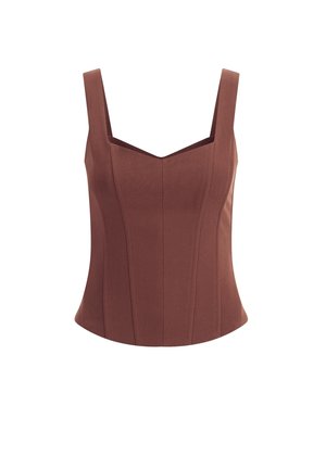 Sleeveless brown corset-style top with wide straps, structured seams, and a square neckline.