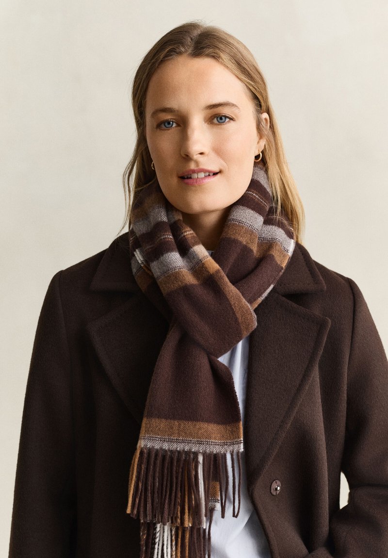 Femme aux cheveux blonds portant un manteau marron foncé et une écharpe rayée marron, regardant devant avec un fond neutre.