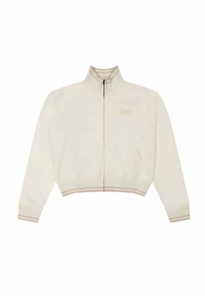 Giacca bianca corta con zip, collo, polsini, orlo e tasche laterali a coste beige a strisce, con un sottile logo "Lee" sul petto.