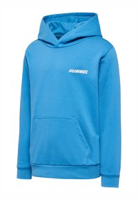 Blauer Kapuzenpullover aus weichem Material, mit einer Kängurutasche vorne, gerippten Bündchen und einem weißen Logo auf der Brust. Glatte Textur.