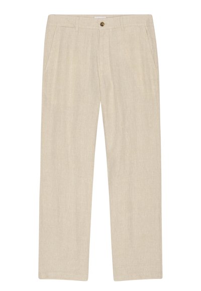 Beige gerade geschnittene Hose mit Fronttaschen, Knopf- und Reißverschluss, gefertigt aus leichtem, strukturiertem Stoff.