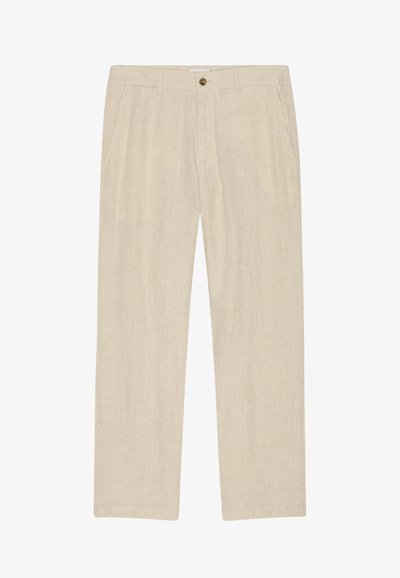 Beige gerade geschnittene Hose mit Fronttaschen, Knopf- und Reißverschluss, gefertigt aus leichtem, strukturiertem Stoff.