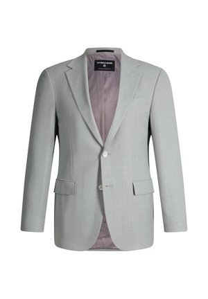 Hellgrauer Herrenblazer mit Kerbklappen, zwei vorderen Pattentaschen, zwei Knöpfen und glattem Innenfutter.