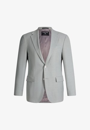 Hellgrauer Herrenblazer mit Kerbklappen, zwei vorderen Pattentaschen, zwei Knöpfen und glattem Innenfutter.