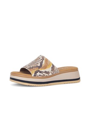 Slip-on platform sandal with beige, tan, and black sole and textured snakeskin-patterned upper band.