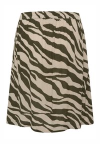 Jupe fluide avec un motif zèbre en vert olive et beige. Fabriquée en tissu léger avec une taille élastique.