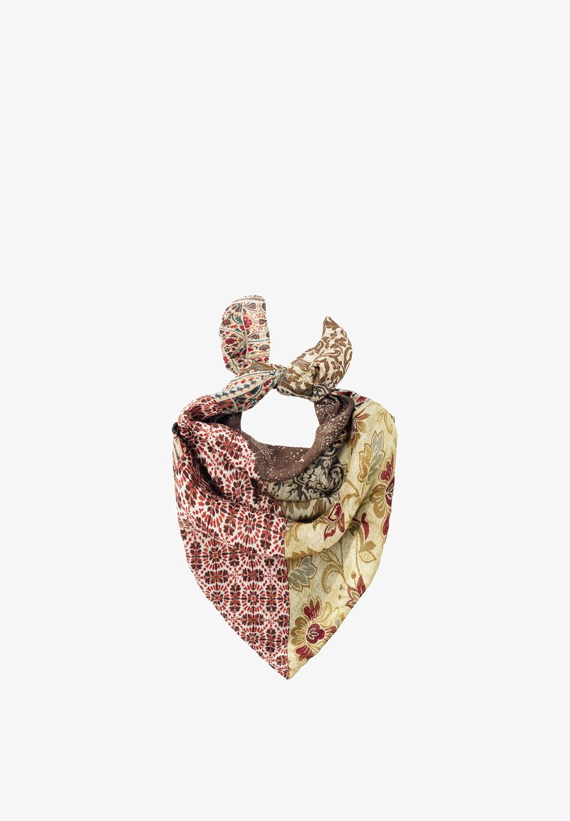 Bandana multicolore à motifs floraux et géométriques, noué en un nœud formant deux pointes dressées.