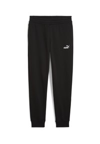Schwarze Sportleggings mit einem strukturierten Bund, schmalen Bündchen und einem weißen Puma-Logo am linken Oberschenkel. Hergestellt aus weichem, leichtem Material.