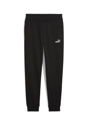 Sorte træningsbukser med en struktureret talje, tilspidsede cuffs og et hvidt Puma-logo på venstre lår. Fremstillet af blødt, let materiale.