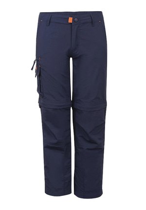 Marineblaue Convertible-Hose mit Reißverschluss zum Abnehmen der Hosenbeine, seitlicher Cargotasche, Gürtelschlaufen und orangefarbenem Detail an der Taille.