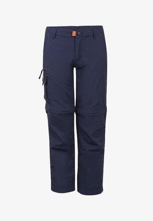 Navy blue convertible pants with zip-off legs, side cargo pocket, belt loops, and orange tab detail at waist.