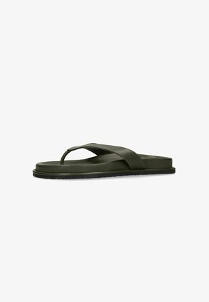 Dark green flat flip-flop sandal with a wide padded strap and black textured sole, shown from the side on a white background.