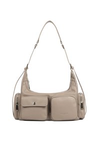 Borsa a spalla in pelle beige con finitura liscia, dotata di due tasche frontali, hardware in argento e una tracolla curvada per il trasporto.