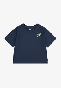 Mørkeblå bomull T-skjorte med korte ermer, rund hals og lys gul "Levi's" logo brodert på venstre side. Klassisk passform.