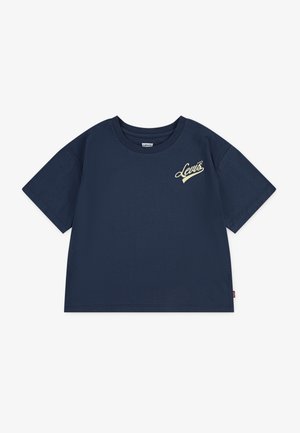 Marineblauwe katoenen t-shirt met korte mouwen, ronde halslijn en lichtgele geborduurde "Levi's" logo aan de linkerkant. Klassieke pasvorm.
