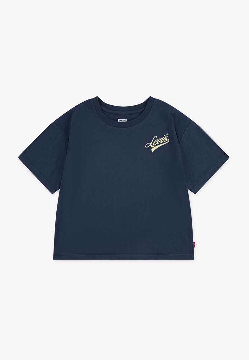 Mørkeblå bomull T-skjorte med korte ermer, rund hals og lys gul "Levi's" logo brodert på venstre side. Klassisk passform.