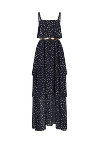 Navy sinivalkoinen maxi-mekko, jossa on kerroksellinen, röyhelödesign, ohutolkaimet ja kultainen vyökoristelu vyötäröllä. Sujuva, kevyt kangas.