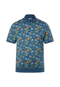 Polo tričko v námořnické modři s tropickým potiskem zobrazujícím palmy a hory v zelené a oranžové. Krátké rukávy a límec.